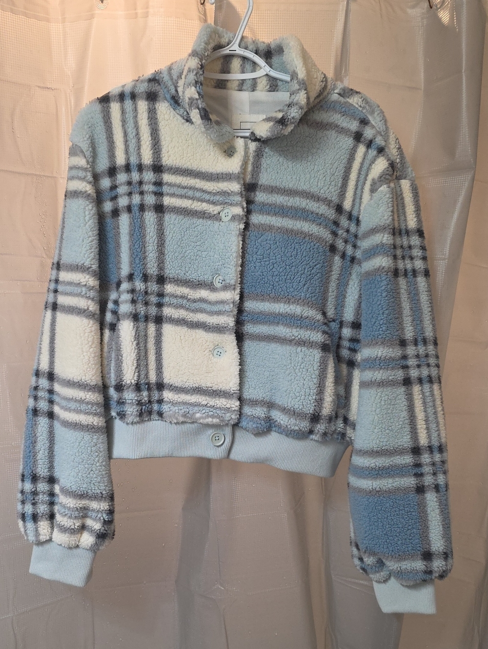 Reflex Blue and Cream Plaid Sherpa Coat